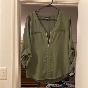 Olive Green V-Neck Cuffed Sleeve Blouse